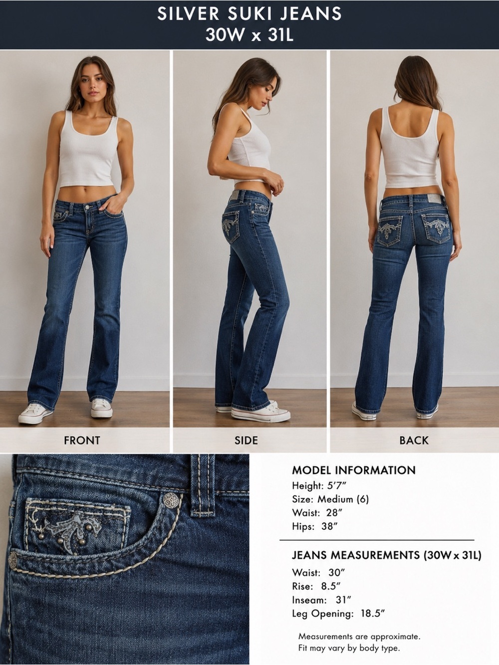 Silver Suki Slim Jeans 30x31 Dark Wash Embellished Bootcut Denim